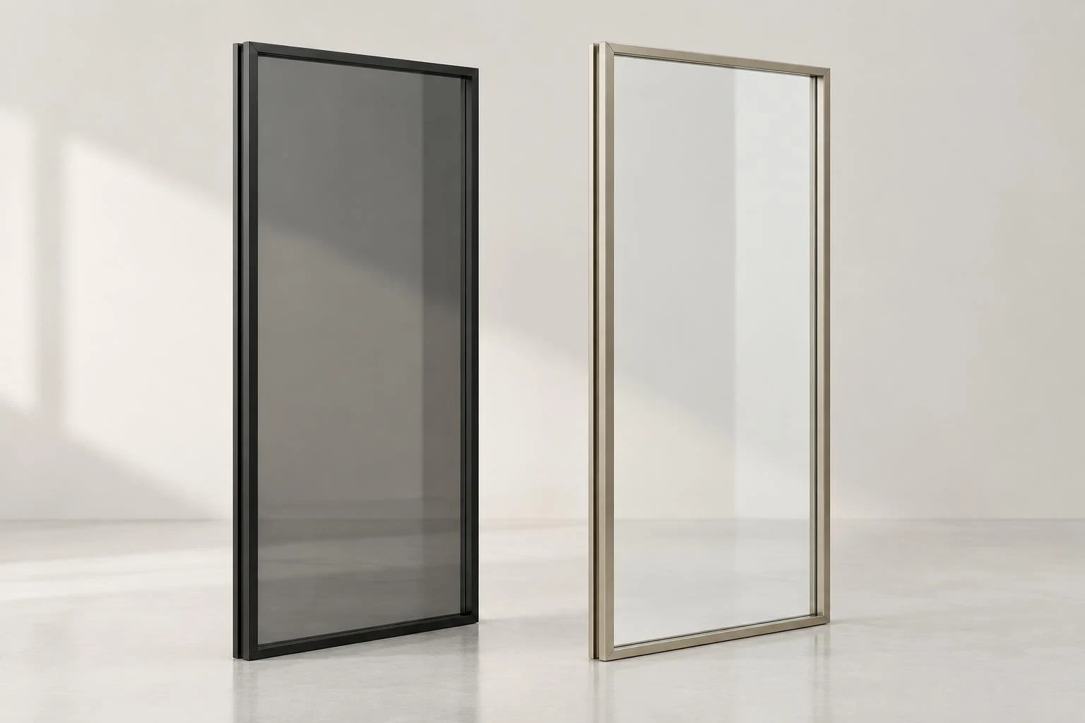 Generated illustration of slim black and champagne aluminum-framed glass doors.