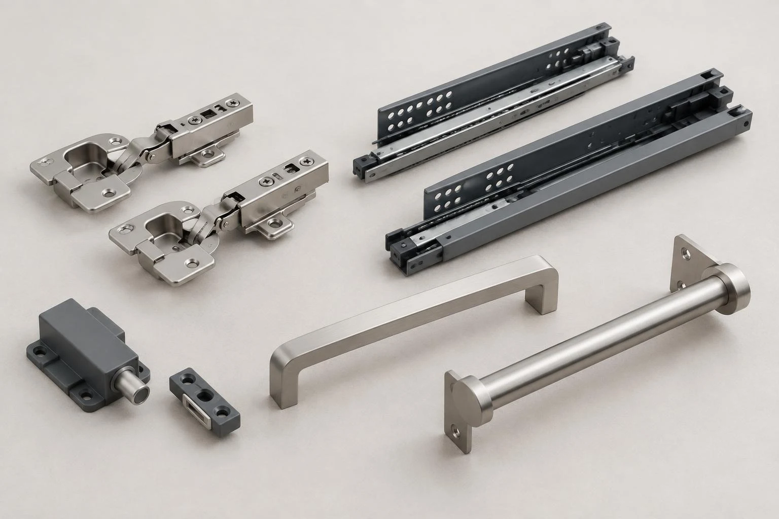 Generated illustration of concealed hinges, drawer runners, a push-to-open latch, handle and hanging rail.