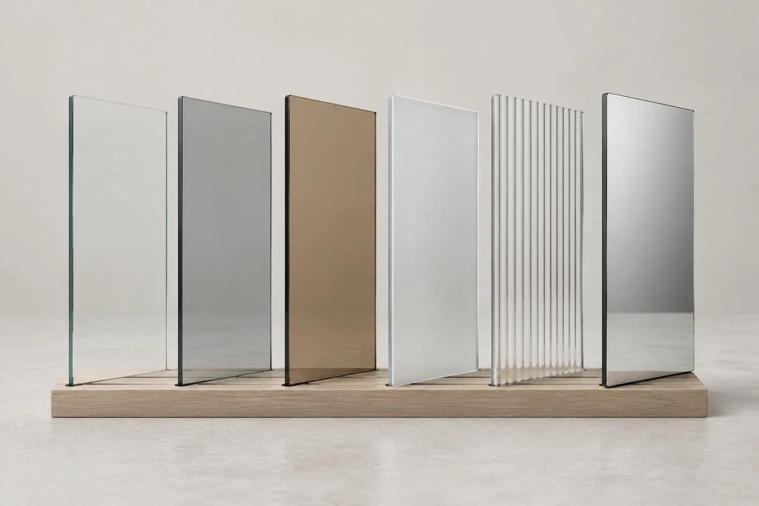 Generated illustration of clear, grey, bronze, frosted and fluted glass beside a mirror panel.