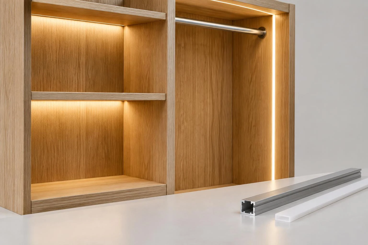 Generated illustration of warm LED lighting in wardrobe shelves and a hanging section.