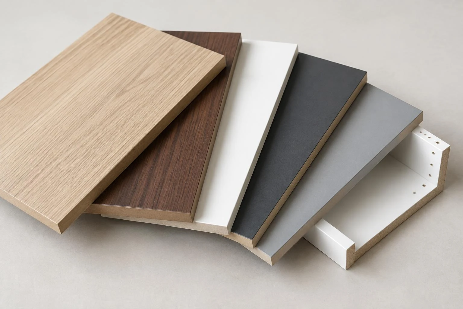 Generated illustration of wood-look, white and matte MDF and melamine board finishes.
