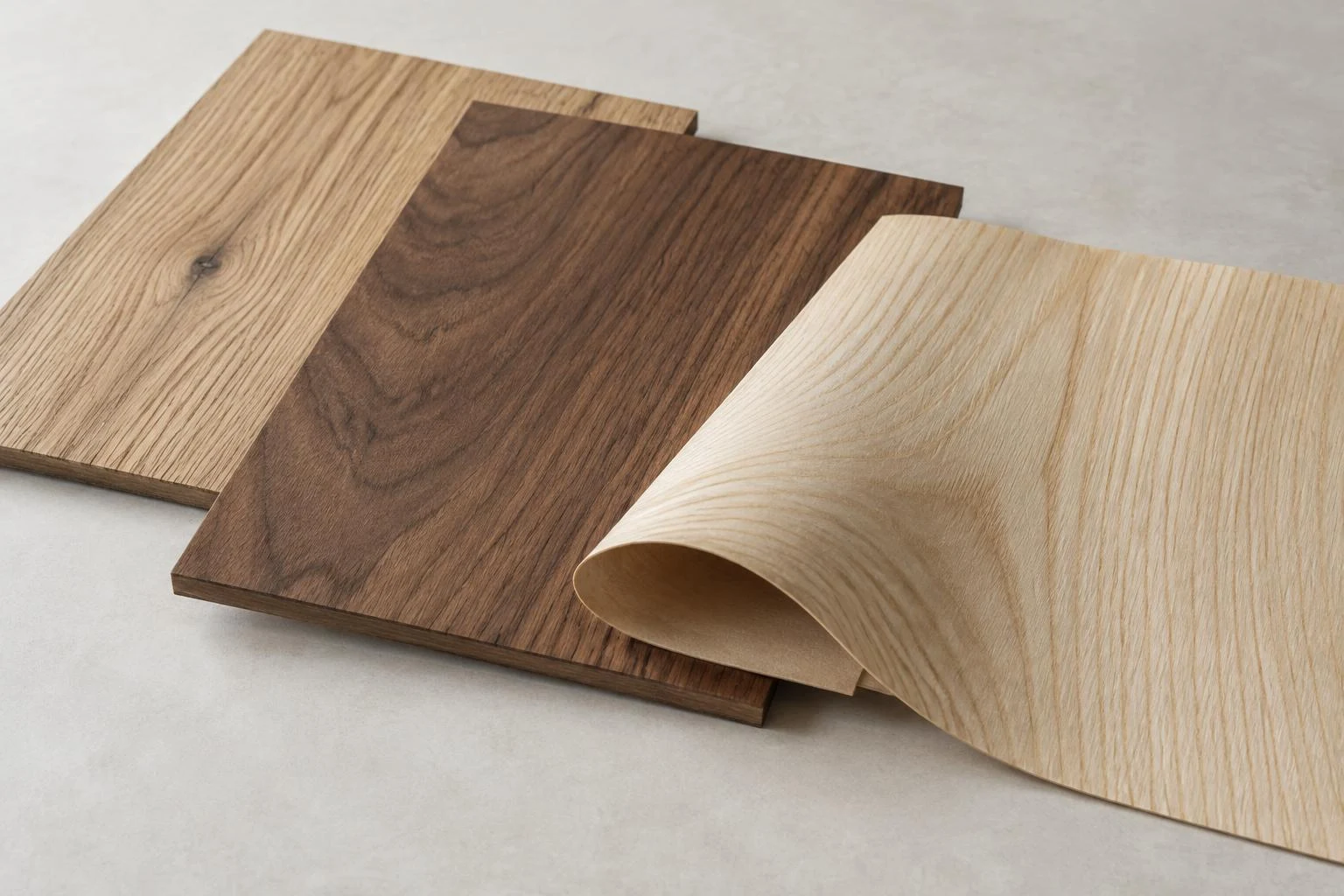 Generated illustration of natural oak, walnut and ash veneer samples showing wood grain.