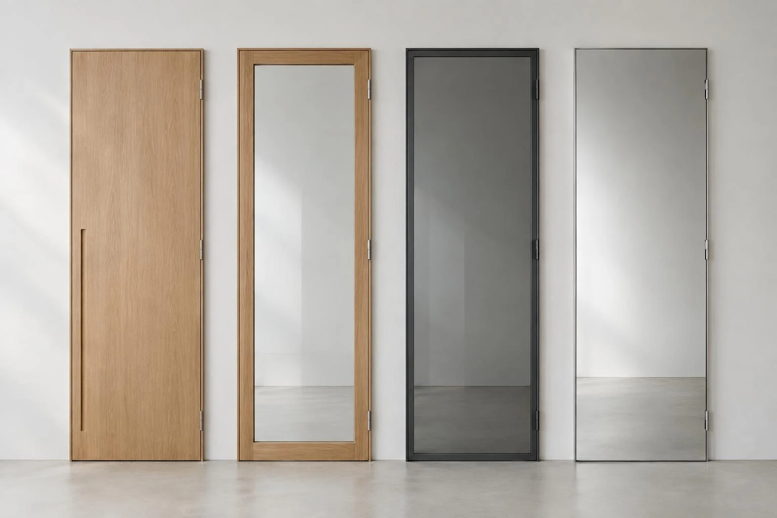 Generated illustration of wooden, wood-framed glass, aluminum-framed glass and mirror wardrobe doors.
